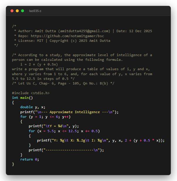 According to a study, the approximate level of intelligence of a person can be calculated using the following formula. i = 2 + (y + 0.5x) write a program that will produce a table of values of i, y and x, where y varies from 1 to 6, and, for each value of y, x varies from 5.5 to 12.5 in steps of 0.5
